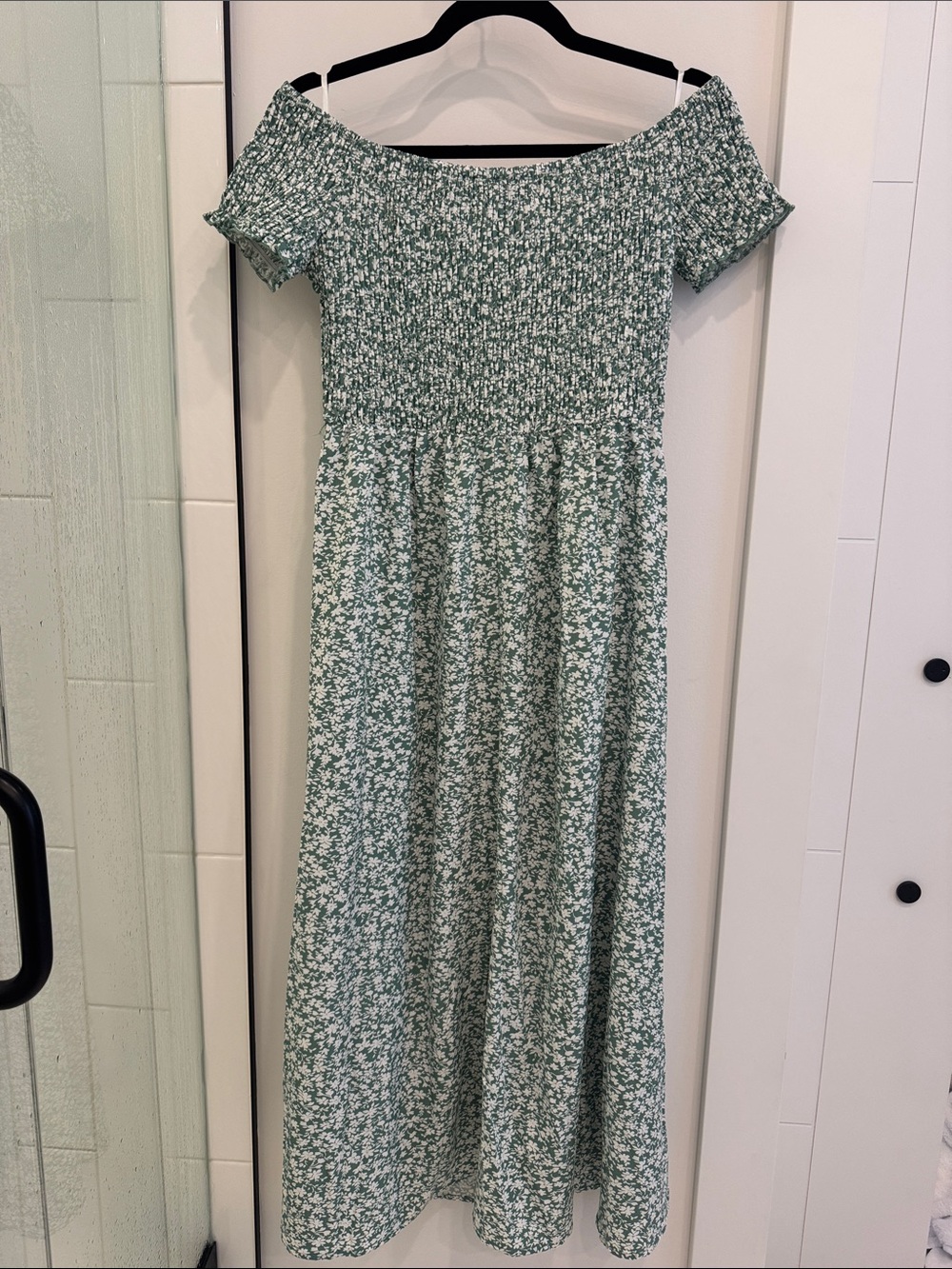 Amazon Essentials Green & White Smocked Off-Shoulder Floral Midi Dress